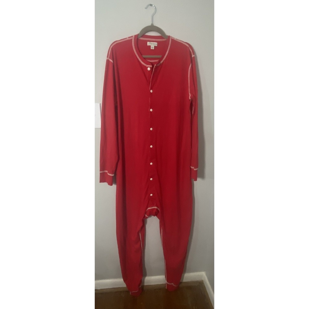 J Crew Knit 100% Cotton Long Johns One Piece Pajama Size Large Rear Flap Red